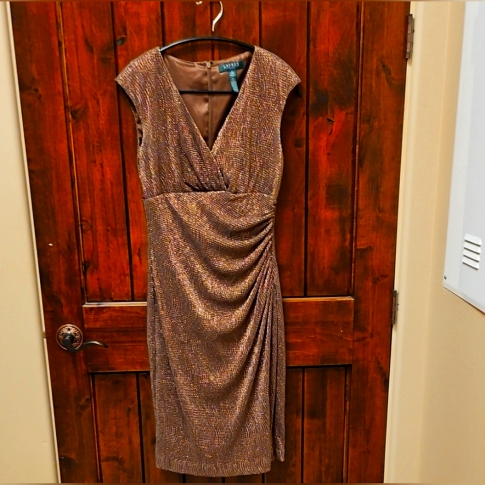 Gold Ruched Wrap Midi Dress with V-Neck for Cocktail